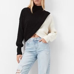 Express Colorblock Black and White Wrap Front Mock Neck Cropped Sweater Size XS